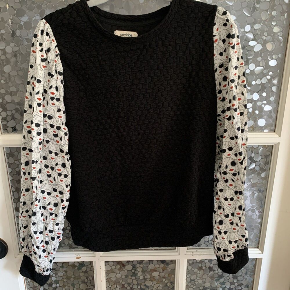 Anthropologie Porridge Top Sz M Textured Black Faces Puff Sleeves Sweatshirt